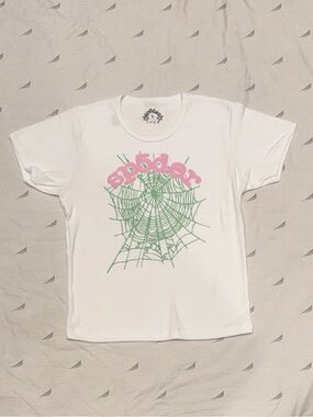 White Sp5der Baby Tee with Pink & Green Print